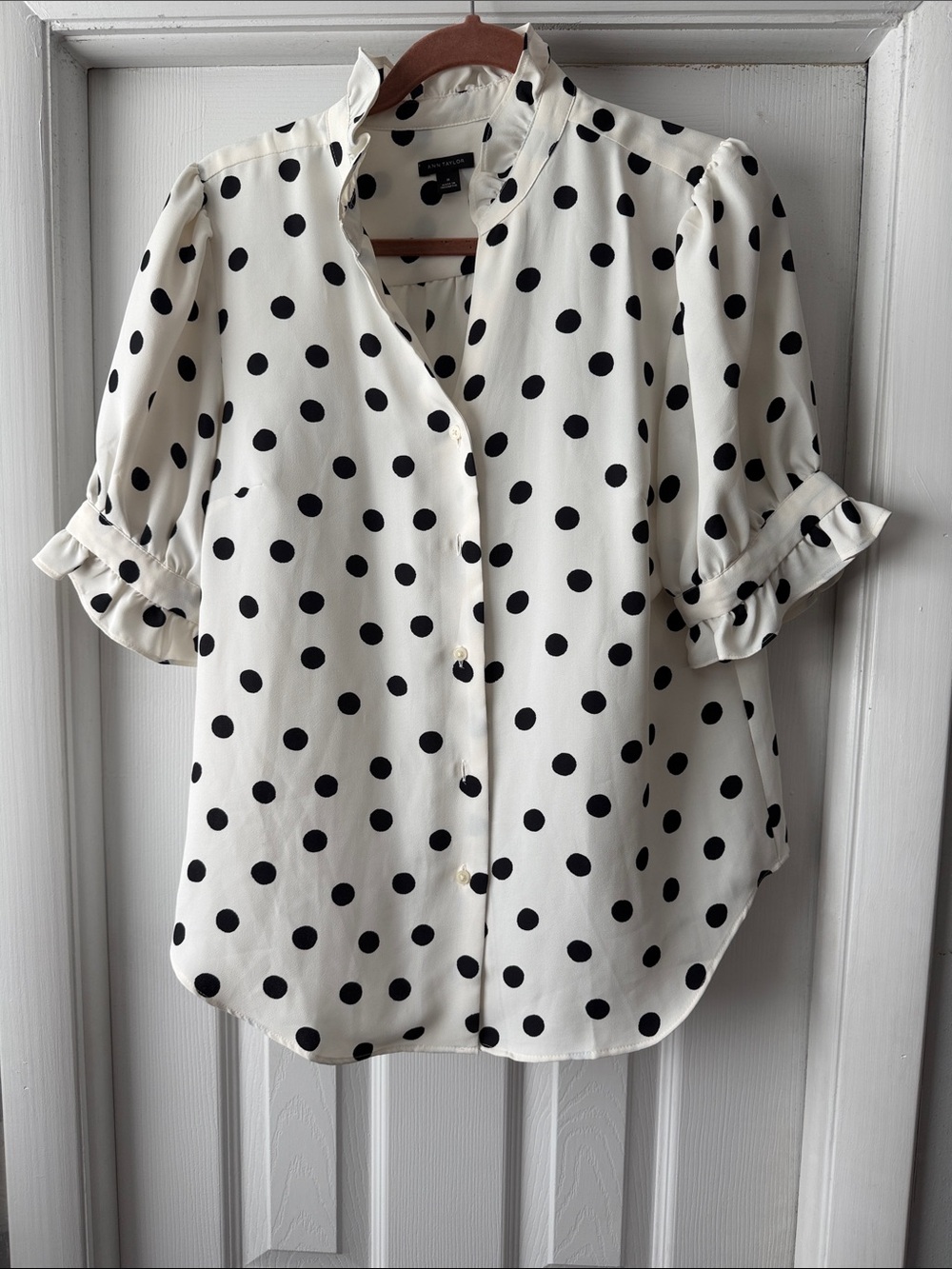 Ann Taylor White Blouse with Black Polka Dots and Ruffle Sleeves - size M